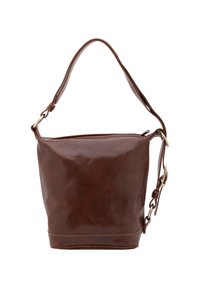 Borsa a secchiello in pelle marrone con una texture liscia, una sola tracolla e una tracolla rimovibile con dettagli in metallo dorato.