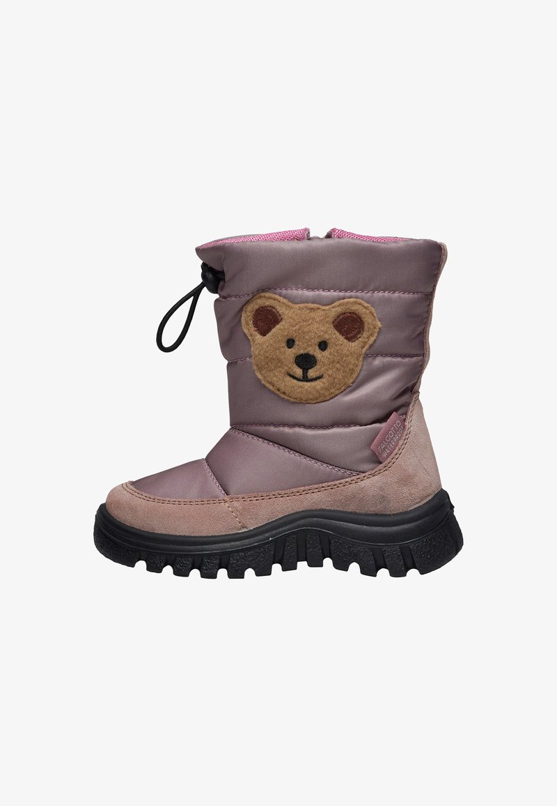 Bota de invierno acolchada morada con aplique de oso, forro rosa, suela de goma negra y materiales de textil y ante. Cremallera lateral para facilitar el uso.