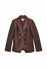 Burgundský dvouřadý blejzr z kovové látky, s dvěma předními kapsami a kulatými černými knoflíky, s klopovým límcem.