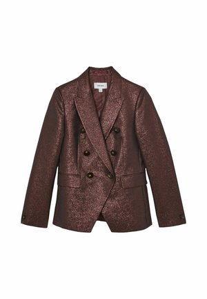 Bordo krāsas dubultpogas žakete no metāliskas auduma, ar divām priekšējām kabatām un apaļām melnām pogām, ar notestu apkakli.