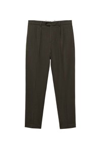 Pantalons vert olive foncé en tissu lisse. Présentent une fermeture à bouton, des plis, des poches angulaires et un design de jambe fuselée.