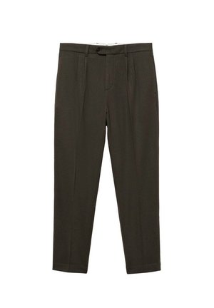 Mørke olivengrønne bukser lavet af et glat stof. Har knaplukning, plisseringer, skrå lommer og en tapered ben-design.