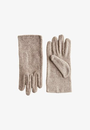 Rudos vilnones pirštinės su minkšta tekstūra, turinčios penkių pirštų dizainą ir subtilius siūlės papuošimus. Į komplektą įeina atitinkantis rankogalis.