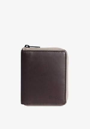 Brown leather wallet with a tan textile accent, rectangular shape, zip closure, and embossed logo detail on the lower right corner.