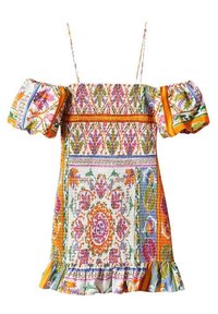 Robe smockée avec manches bouffantes décolletées. Présente des motifs floraux vibrants en orange, rose, vert et bleu. Détail d'ourlet volanté.