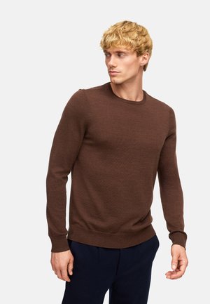 Maglione marrone lavorato a maglia con scollatura rotonda e maniche lunghe, caratterizzato da una consistenza liscia e polsini e orlo a costine.