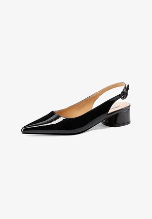 Tacchi slingback in vernice nera con punta affusolata, tacco a blocco basso e cinturino regolabile con fibbia circolare.