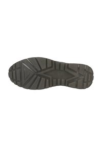 Suola di scarpa in gomma nera con un motivo di battistrada testurizzato, caratterizzato da scanalature angolari ed elementi di trazione, progettata per offrire grip e stabilità.