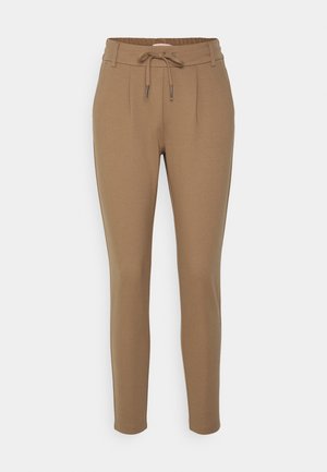 Brown, tapered joggers made of soft fabric with an elasticated waistband, drawstring closure, and two front pleats for detail.