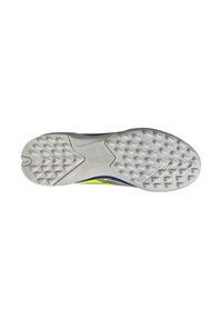 Sport shoe outsole featuring a textured white rubber design with hexagonal patterns and a grey and yellow accent along the side.