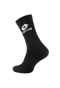 Calzino nero in tessuto a maglia, con bordo a costine e un logo bianco. Il calzino presenta una superficie liscia e una forma strutturata.