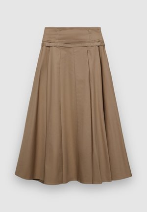 Gonna marrone al ginocchio realizzata in tessuto liscio, con pieghe e vita aderente. Design semplice senza motivi o accenti visibili.