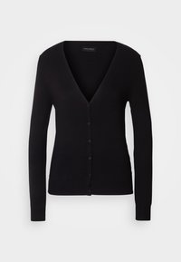 Svart långärmad kardigan med djup V-ringning, med knäppning och en mjuk textur. Enkel och mångsidig design.