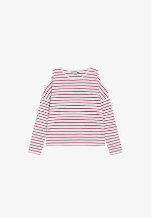 Top blanco de manga larga con rayas horizontales rosas y aberturas en los hombros, con cuello redondo y un pequeño detalle bordado en el pecho.