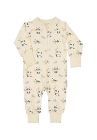 Krämfärgad babydress med frontdragkedja, ärmslut och benslut, dekorerad med små pandaillustrationer på grenar med gröna blad.