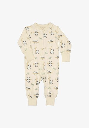 Cremefarvet baby-body med frontlynlås, manchetter ved ærmer og ben, dækket af små pandaillustrationer på grene med grønne blade.
