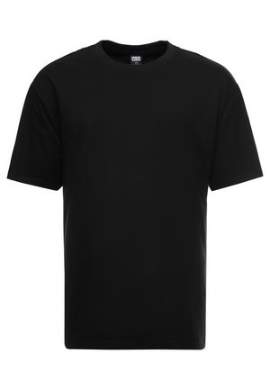 Prosty czarny t-shirt z krótkim rękawem i okrągłym dekoltem, o prostym kroju z widoczną wewnętrzną metką przy kołnierzu.