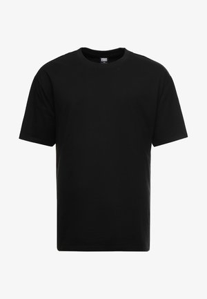 Effen zwart T-shirt met korte mouwen, ronde hals, rechte snit en een zichtbaar binnenlabel bij de halslijn.