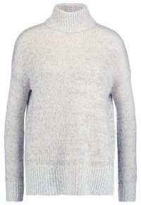 Vaaleanharmaa neulottu pooloneule rentolla istuvuudella, resorireunuksilla hihoissa ja helmassa. Kuvio on pehmeä ja hieman kirjailtu.