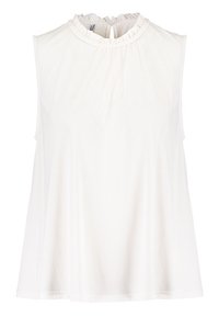 Valkoinen hihaton paita, jossa on pyöreä, röyhelökaula-aukko ja hieman A-linjainen muoto. Valmistettu sileästä, kevyestä kankaasta, jossa on takakiinnitys.