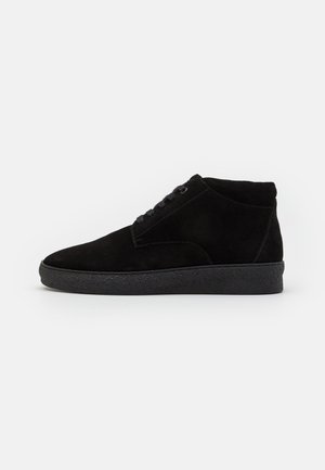 Sapatos high-top de camurça preta com bico redondo, frente com atacadores e sola texturizada de borracha preta. Superfície lisa com detalhes de costura mínimos.