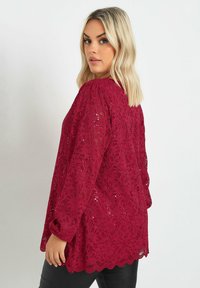 Top in pizzo borgogna con maniche lunghe, caratterizzato da intricati motivi floreali e paillettes, vestibilità rilassata e orlo ondulato.