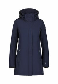 Marinblå vattentät jacka med hög krage, framdragkedja, två sidofickor och justerbar huva. Slät tyg med strukturerade sömmar.