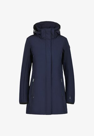 Marineblauwe waterdichte jas met hoge kraag, frontale rits, twee zijzakken en verstelbare capuchon. Glad materiaal met gestructureerde naden.