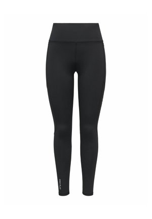 Zwarte leggings met een hoge taille en volledige lengte met een klein reflecterend merklogo nabij de linker enkel, weergegeven op een effen witte achtergrond.