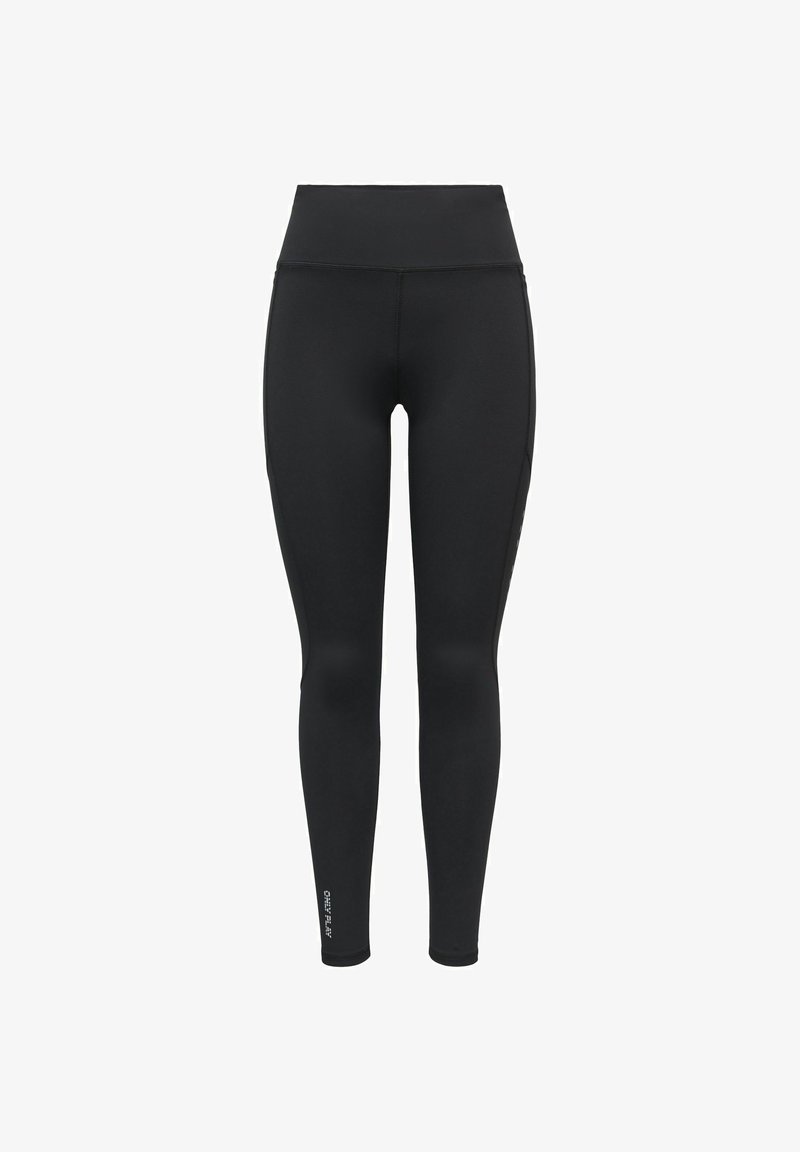 Leggings noirs taille haute longueur complète avec un petit logo réfléchissant de la marque près de la cheville gauche, affichés sur un fond blanc uni.