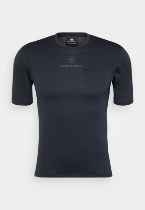 Korte mouwen sportshirt in donkergrijs met een hexagonaal patroon, voorzien van een ronde hals en een logo op de borst. Gemaakt van vochtafvoerende stof.
