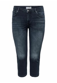 Dark blue capri jeans made of denim, featuring a fitted design, two front pockets, and a clean hem without embellishments.