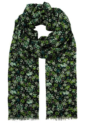 Bufanda verde oscuro con un patrón floral denso que presenta flores blancas, azules y verde claro, doblada de manera suelta con los bordes con flecos visibles.