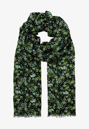 Écharpe vert foncé avec un motif floral dense comprenant des fleurs blanches, bleues et vert clair, pliée de manière lâche avec des bords frangés visibles.
