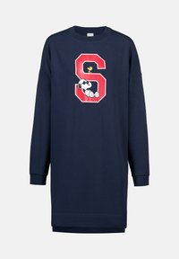 Marineblauwe sweatshirtjurk met lange mouwen en een grote rode letter S, met Snoopy die ligt en Woodstock die er bovenop staat.