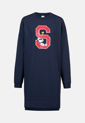 Navyblaues langärmliges Sweatkleid mit einem großen roten Buchstaben S, auf dem Snoopy liegt und Woodstock darüber steht.
