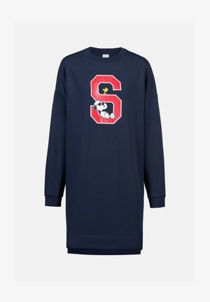 Navyblaues langärmliges Sweatkleid mit einem großen roten Buchstaben S, auf dem Snoopy liegt und Woodstock darüber steht.