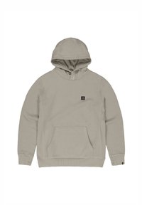 Lichtgrijze hoodie met een voorzak, geribbelde manchetten en een klein logo op de borst. Zacht katoen, comfortabele pasvorm.