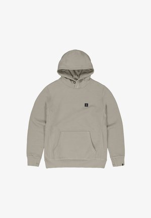 Lichtgrijze hoodie met een voorzak, geribbelde manchetten en een klein logo op de borst. Zacht katoen, comfortabele pasvorm.