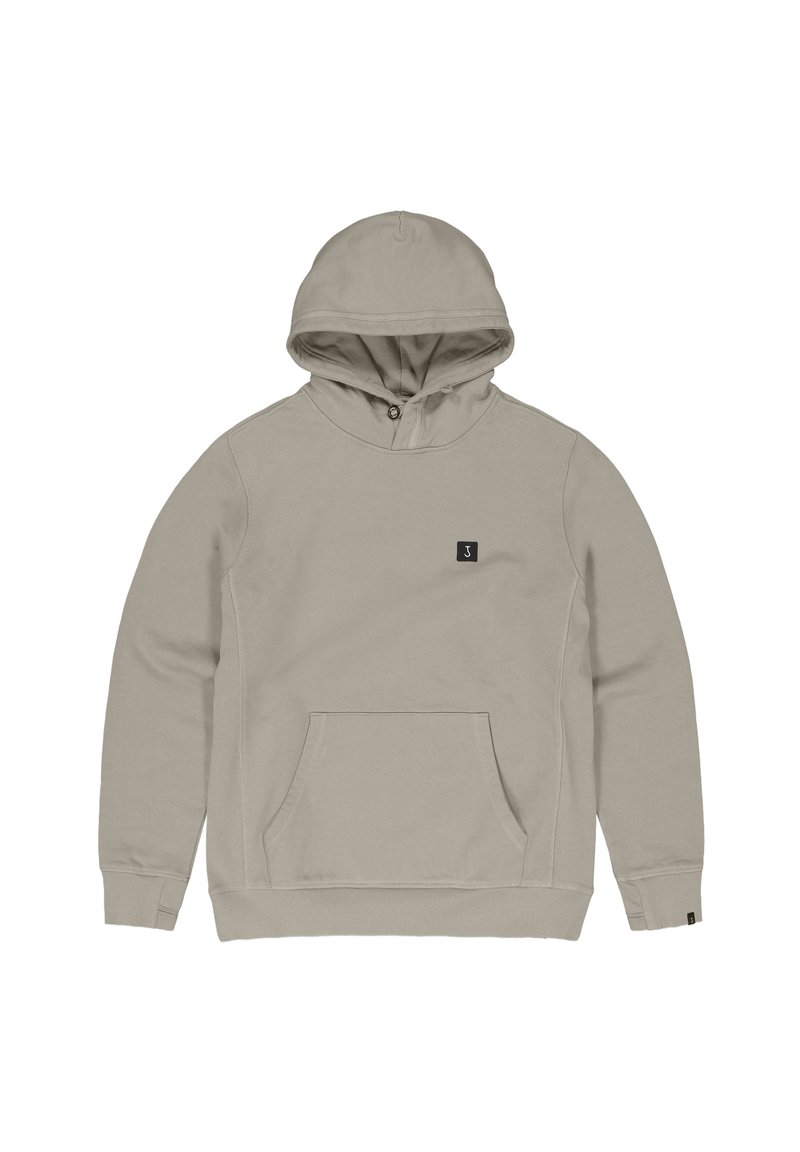 Lichtgrijze hoodie met een voorzak, geribbelde manchetten en een klein logo op de borst. Zacht katoen, comfortabele pasvorm.