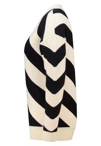 Zwarte en crème gestreepte trui met een chevronpatroon, geribbelde textuur, lange mouwen en een rechte snit. Zachte gebreide stof.