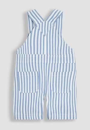 Pruhované modro-bílé lacláče s nastavitelnými ramínky, předními kapsami a rovnými nohavicemi, vyrobené z lehkého materiálu.