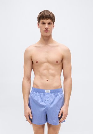 Νέος άνδρας με κοντά καστανά μαλλιά, φορώντας ανοιχτό μπλε βαμβακερά μποξεράκια, στέκεται μπροστά σε απλό ανοιχτό γκρι φόντο.