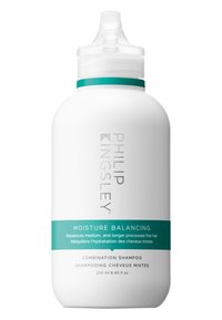 Weiße Plastikflasche für Shampoo mit spitzem Deckel. Türkise Bänder und Etikett mit der Aufschrift "Feuchtigkeitsausgleich" und Produktdetails. 250 ml.