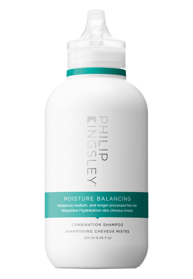 Weiße Plastikflasche für Shampoo mit spitzem Deckel. Türkise Bänder und Etikett mit der Aufschrift "Feuchtigkeitsausgleich" und Produktdetails. 250 ml.