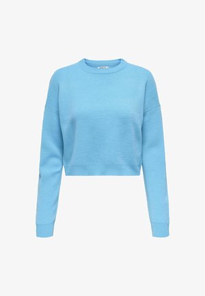 Suéter corto de color azul claro hecho de tejido de punto texturizado. Presenta un escote redondo y mangas largas con puños y dobladillo acanalados.