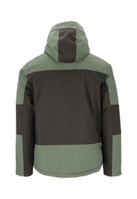 Wasserabweisende Jacke in gedämpftem Grün und Dunkelbraun. Verfügt über eine Kapuze, ein Farbblockdesign und kontrastierende Einsätze an den Ärmeln und am Rücken.