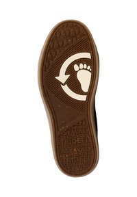 Suola in gomma marrone con motivi di battistrada testurizzati. Presenta una grafica di un piede bianco e un design a freccia circolare sulla superficie.