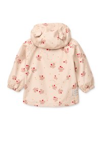 Ανοιχτόροζ αδιάβροχο μπουφάν με λουλουδάτα και καρδιές μοτίβα, ελαστικά μανσέτα και κουκούλα με λεπτομέρειες αυτιών. Το υλικό φαίνεται λείο και αδιάβροχο.