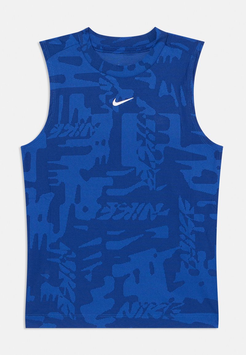 Blå ærmeløs atletisk skjorte med et tekstureret mønster i forskellige nuancer af blå og et hvidt Nike-logo på brystet.